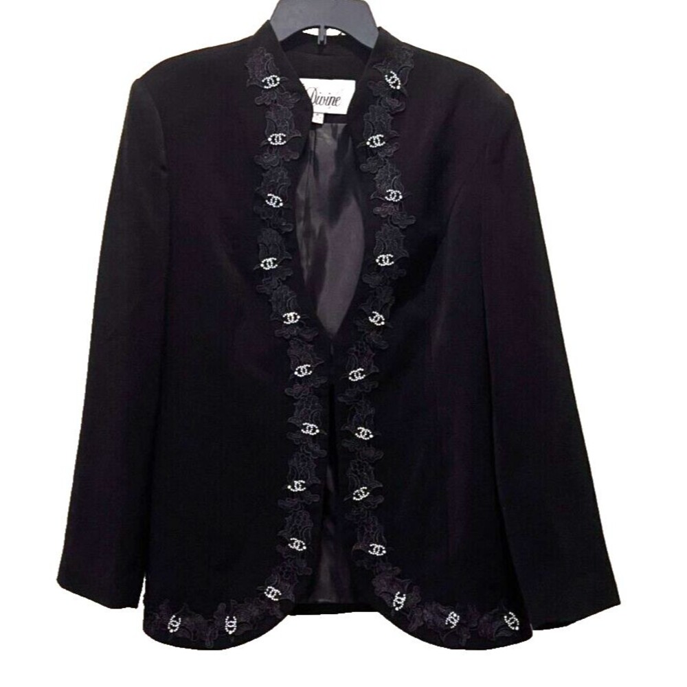 MS DIVINE Church Womens Black CC Logo Rhinestone Lace Jacket Blazer Size 16
